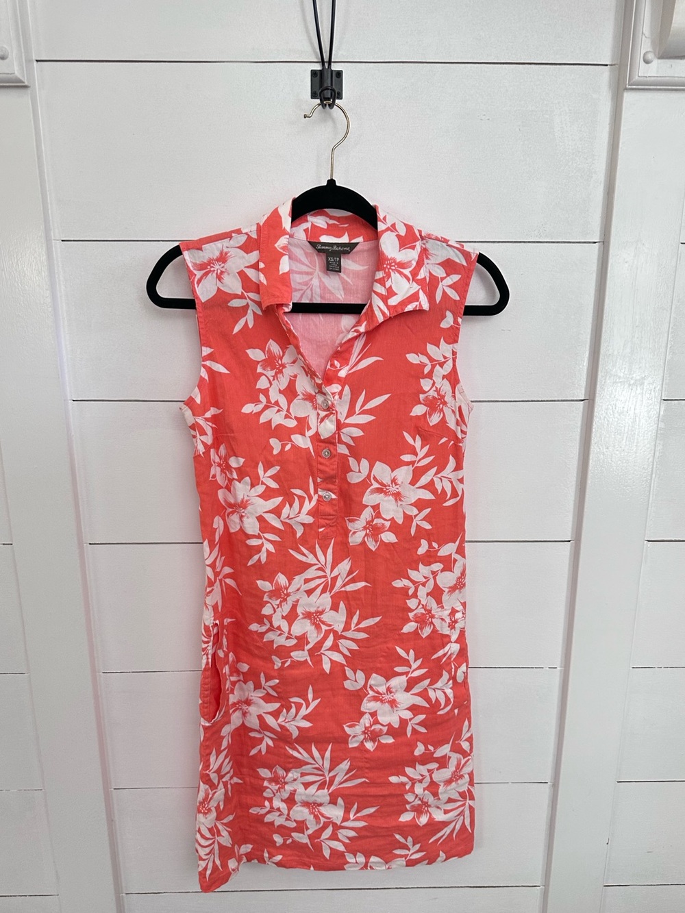 Tommy Bahama XS orange-white tropical floral linen button down sleeveless dress - Picture 2 of 12